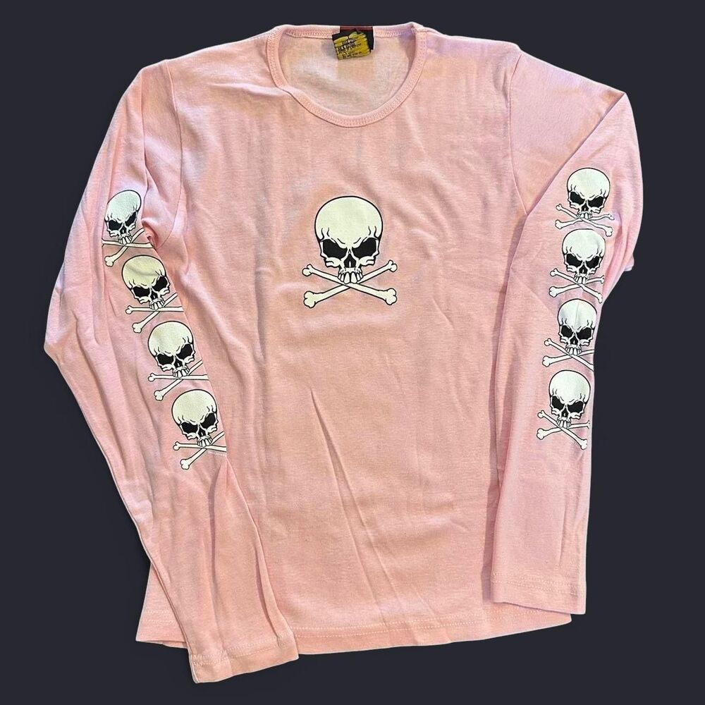 Y2K Grunge Punk Skull Pink White Long-sleeve Hot Leathers Large